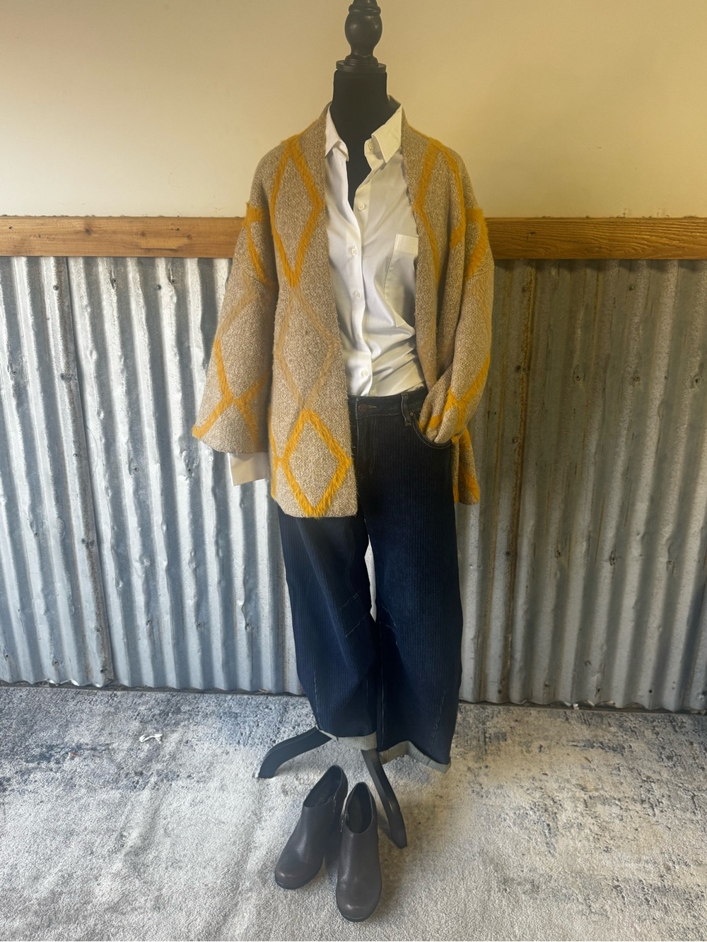 Cozy Diamond-Pattern Open Cardigan in Tan & Yellow
